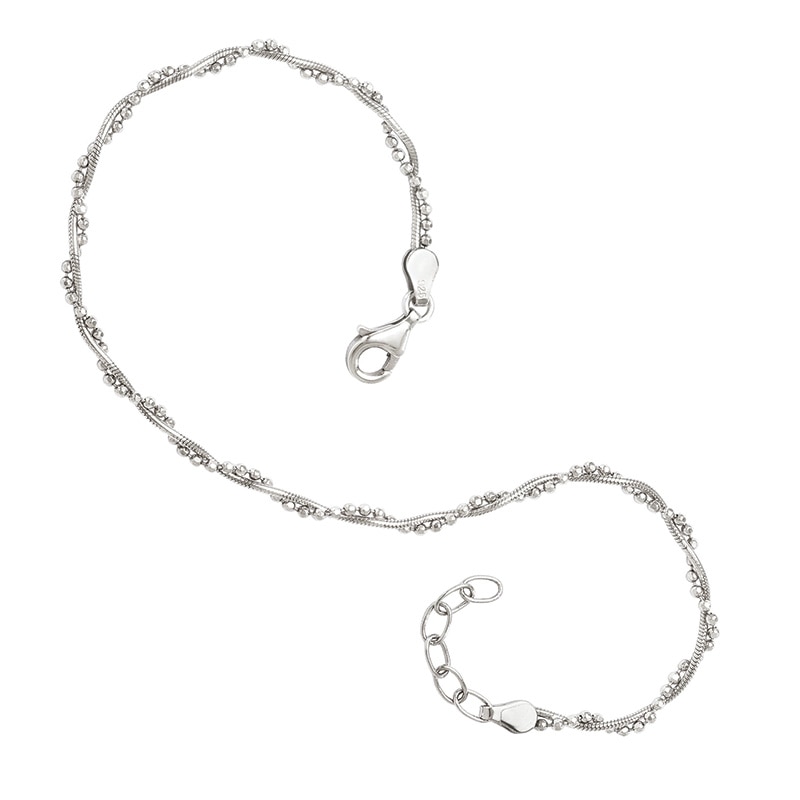 Polished Bead and Snake Chain Wrapped Anklet in Sterling Silver - 10"