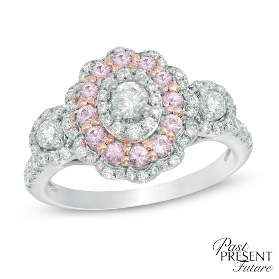 3/4 CT. T.w. Diamond and Pink Sapphire Frame Past Present Future® Engagement Ring in 14K Two-Tone Gold