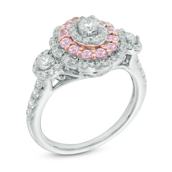 3/4 CT. T.W. Diamond and Pink Sapphire Frame Past Present Future® Engagement Ring in 14K Two-Tone Gold 3/4 CT. T.W. Diamond and Pink Sapphire Frame Past Present Future® Engagement Ring in 14K Two-Tone Gold