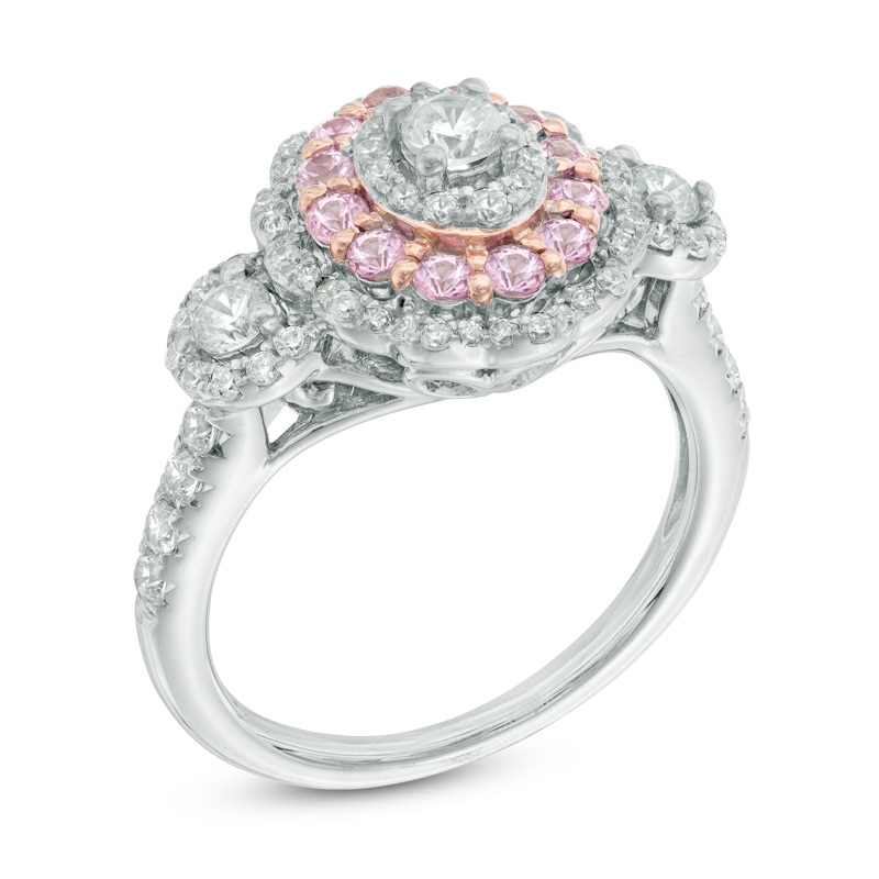 Main Image 2 of 3/4 CT. T.W. Diamond and Pink Sapphire Frame Past Present Future® Engagement Ring in 14K Two-Tone Gold