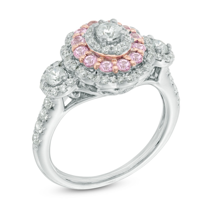 3/4 CT. T.W. Diamond and Pink Sapphire Frame Past Present Future® Engagement Ring in 14K Two-Tone Gold