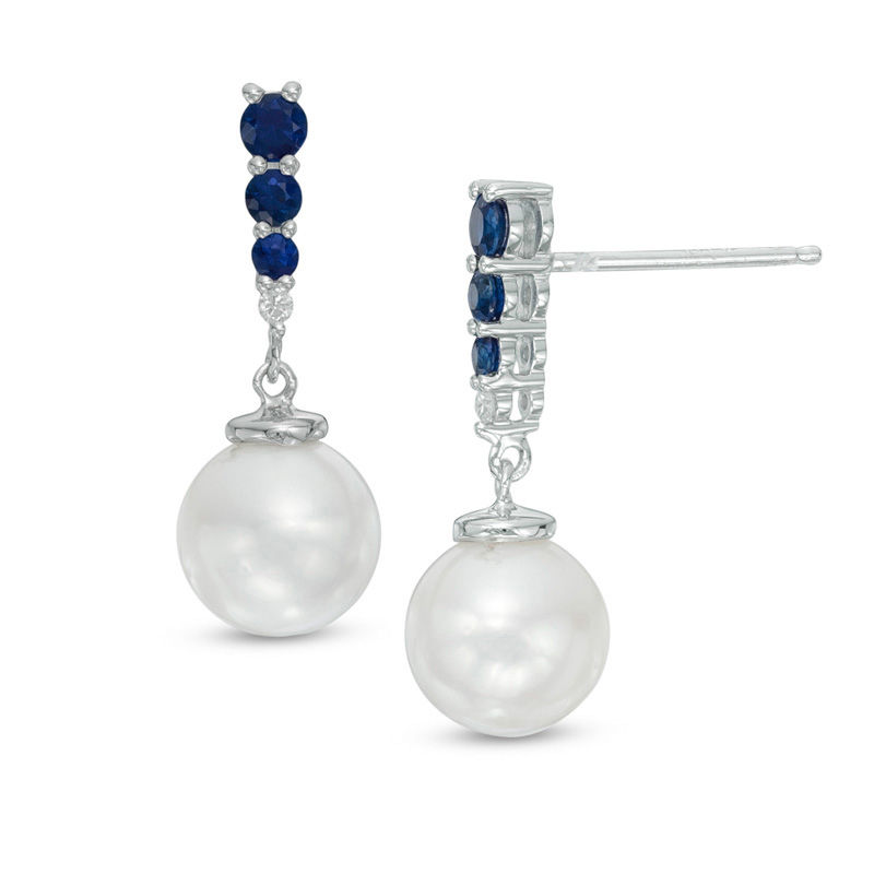 Main Image 1 of Vera Wang Love Collection Akoya Cultured Pearl, Blue Sapphire and Diamond Accent Drop Earrings in 14K White Gold