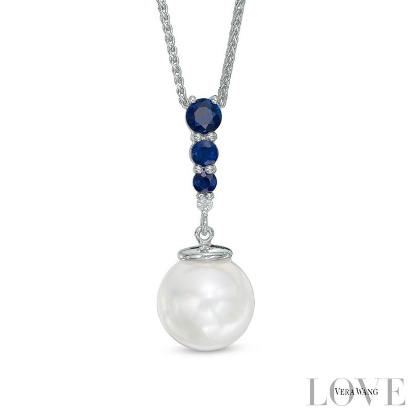 Main Image 1 of Vera Wang Love Collection Akoya Cultured Pearl, Blue Sapphire and Diamond Accent Drop Pendant in 14K White Gold