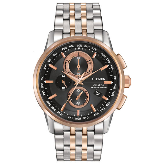 Men's Citizen Eco-DriveÂ® World Chronograph A-T Two-Tone Watch with Black Dial (Model: At8116-57E)