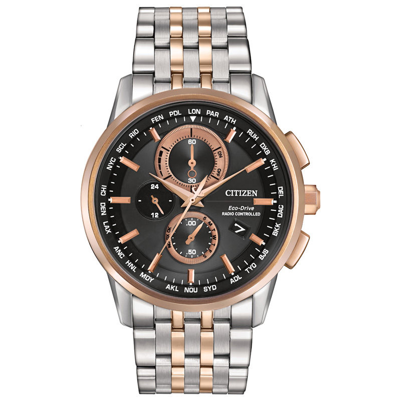 Main Image 1 of Men's Citizen Eco-Drive® World Chronograph A-T Two-Tone Watch with Black Dial (Model: AT8116-57E)
