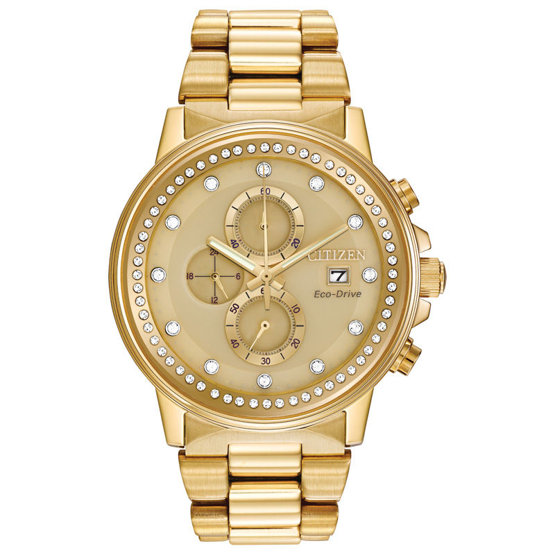 Ladies' Citizen Eco-Drive® Nighthawk Crystal Accent Gold-Tone Chronograph Watch (Model: FB3002-53P)