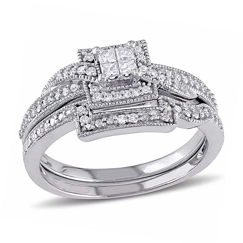 Main Image 1 of 1/3 CT. T.W. Quad Princess-Cut Multi-Diamond Square Frame Crossover Vintage-Style Bridal Set in 10K White Gold