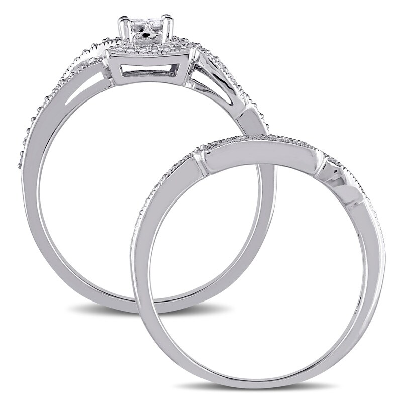 Main Image 3 of 1/3 CT. T.W. Quad Princess-Cut Multi-Diamond Square Frame Crossover Vintage-Style Bridal Set in 10K White Gold