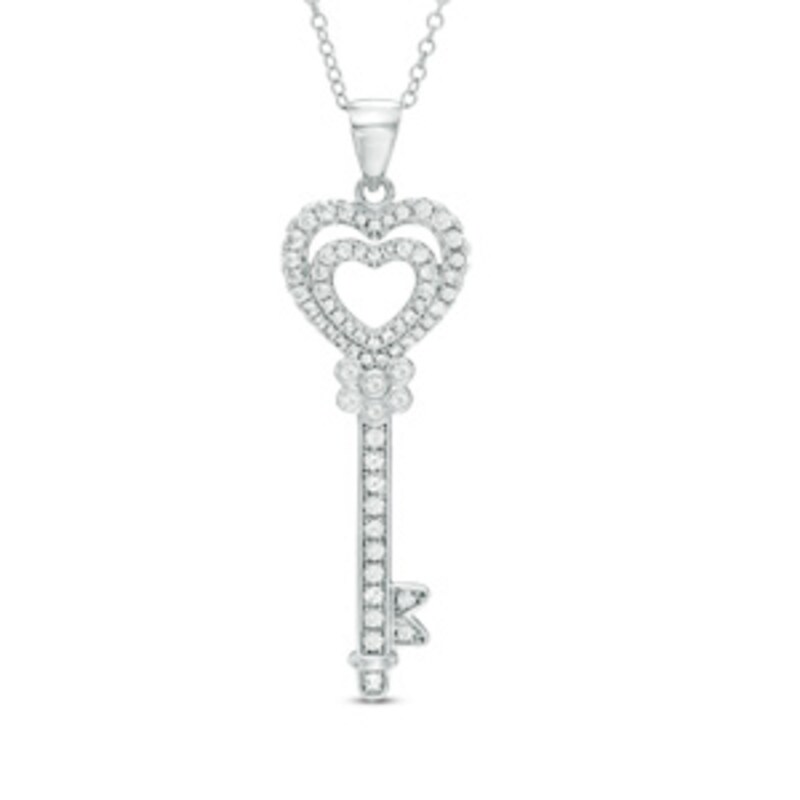 Main Image 1 of Lab-Created White Sapphire Double Heart-Top Key Pendant in Sterling Silver