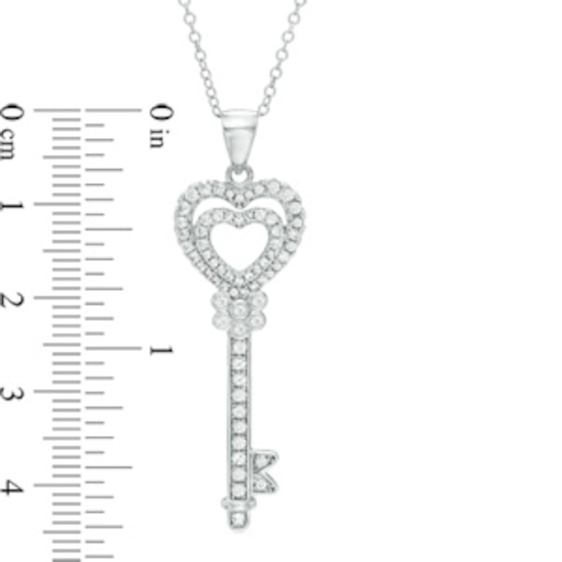Main Image 2 of Lab-Created White Sapphire Double Heart-Top Key Pendant in Sterling Silver