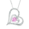 Thumbnail Image 1 of 5.0mm Pink and White Lab-Created Sapphire Tilted Double Heart Pendant in Sterling Silver