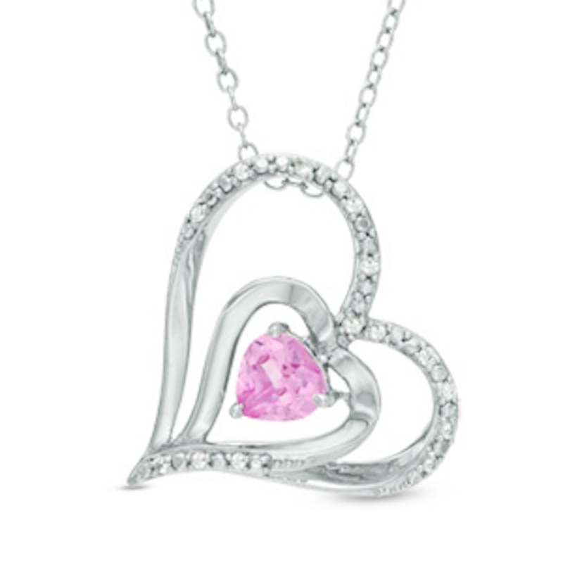 Main Image 1 of 5.0mm Pink and White Lab-Created Sapphire Tilted Double Heart Pendant in Sterling Silver
