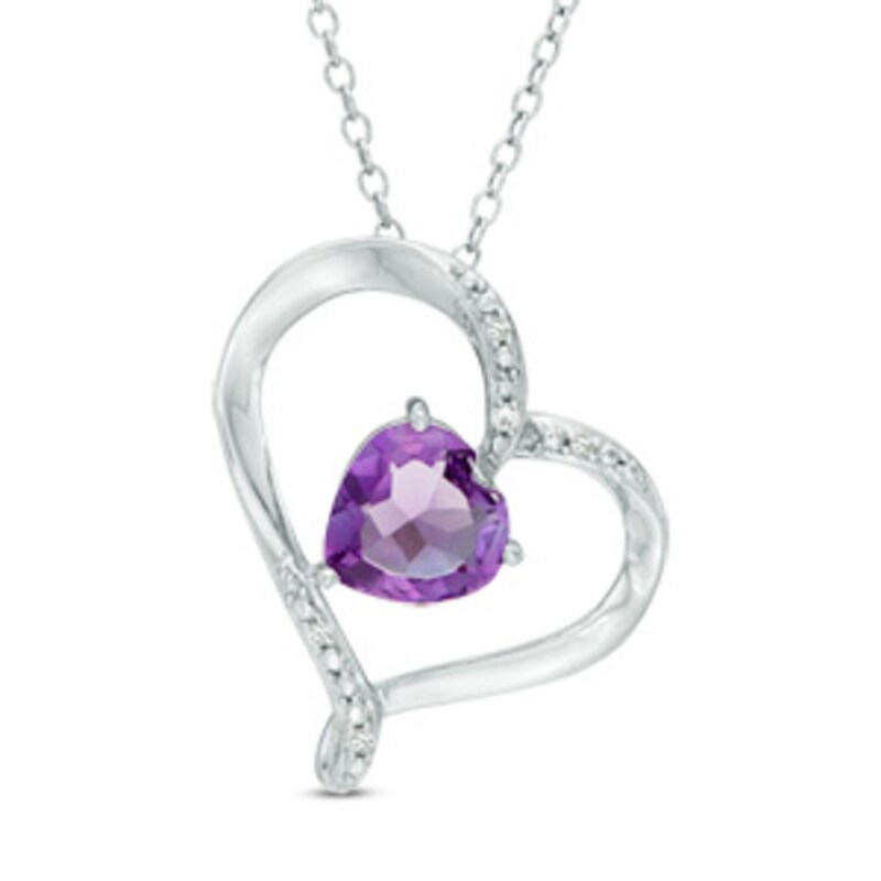 Main Image 1 of 7.0mm Amethyst and White Lab-Created Sapphire Tilted Heart Pendant in Sterling Silver