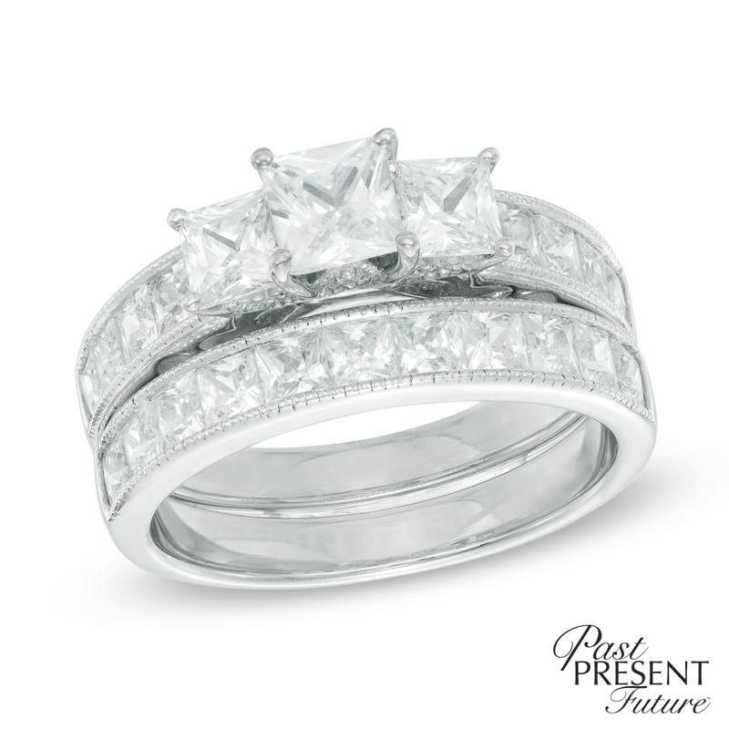 3 CT. T.W. Princess-Cut Diamond Past Present Future® Vintage-Style Bridal Set in 14K White Gold