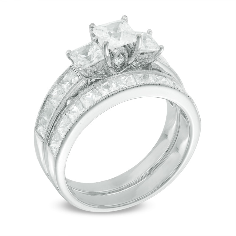 Main Image 2 of 3 CT. T.W. Princess-Cut Diamond Past Present Future® Vintage-Style Bridal Set in 14K White Gold