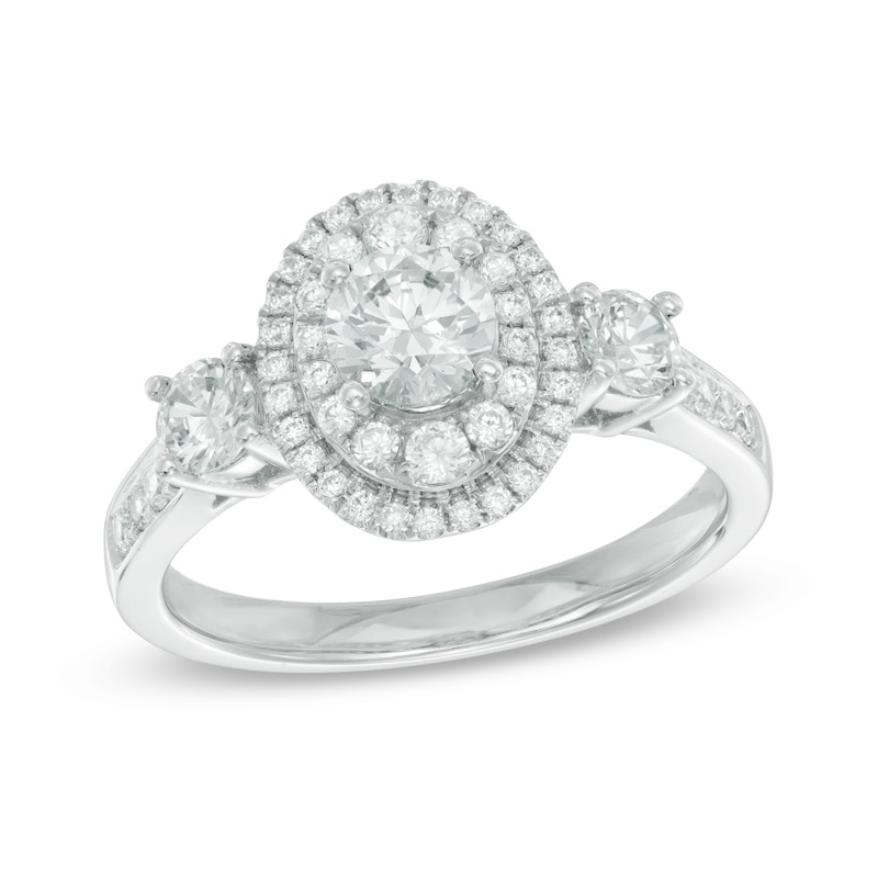 Main Image 1 of Celebration Ideal 1-1/5 CT. T.W. Certified Diamond Layered Oval Frame Three Stone Engagement Ring in 14K White Gold (I/I1)
