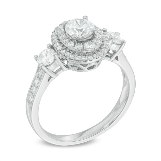 Celebration Ideal 1-1/5 CT. T.w. Certified Diamond Layered Oval Frame Three Stone Engagement Ring in 14K White Gold (I/I1)