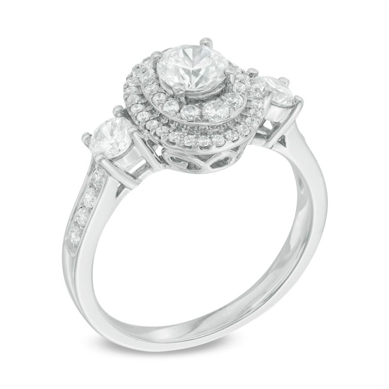Main Image 2 of Celebration Ideal 1-1/5 CT. T.W. Certified Diamond Layered Oval Frame Three Stone Engagement Ring in 14K White Gold (I/I1)