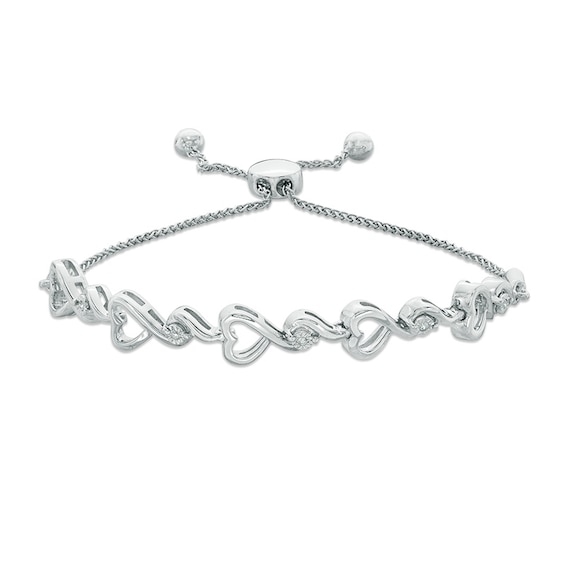Diamond Accent Sideways Ribbon Heart Bolo Bracelet in Sterling Silver - 9.5"