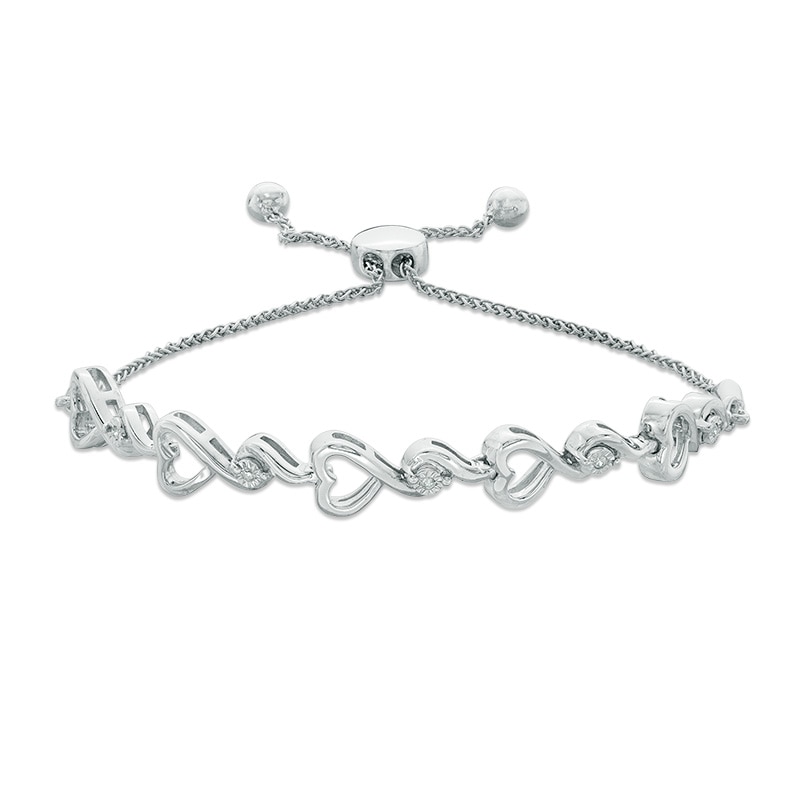 Main Image 1 of Diamond Accent Sideways Ribbon Heart Bolo Bracelet in Sterling Silver - 9.5&quot;