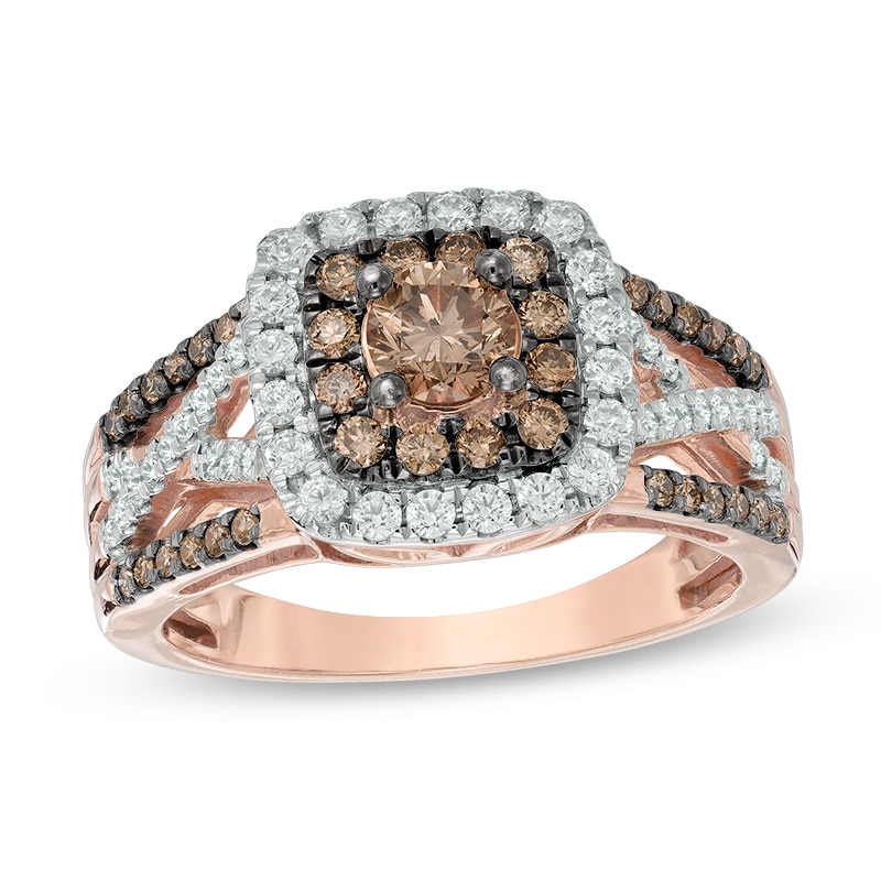 Main Image 1 of 1 CT. T.W. Champagne and White Diamond Double Square Frame Crossover Ring in 10K Rose Gold