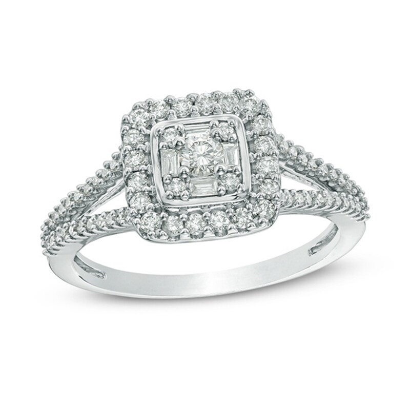 Main Image 1 of 1/2 CT. T.W. Diamond Square Frame Split Shank Ring in 10K White Gold