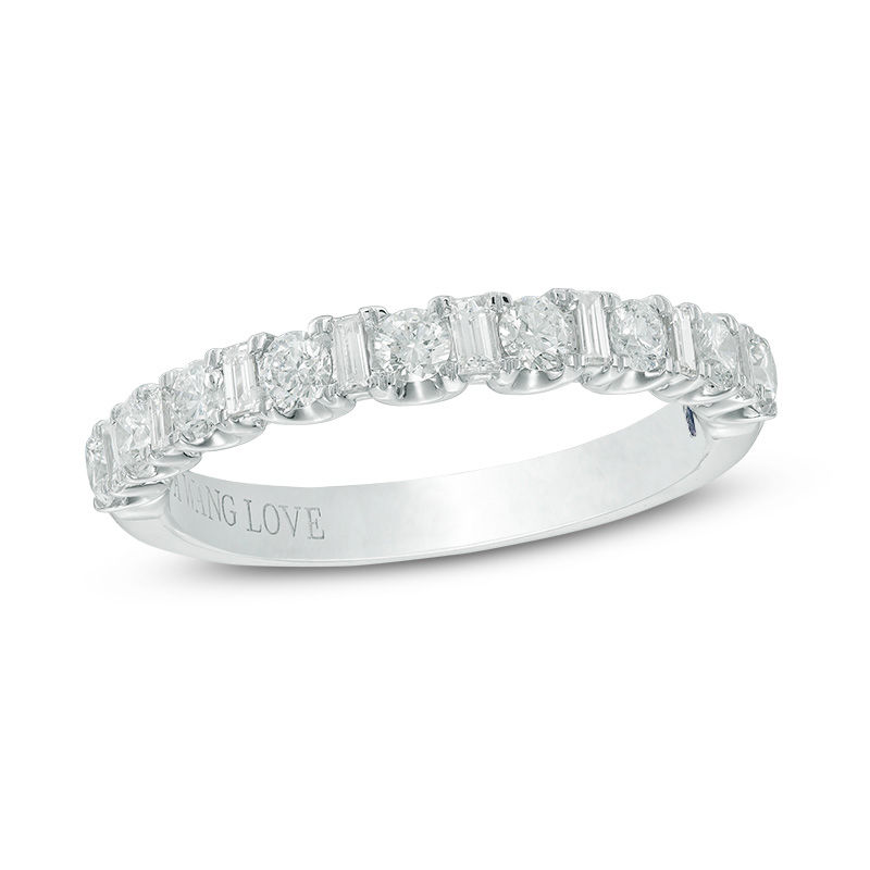 Main Image 1 of Vera Wang Love Collection 5/8 CT. T.W. Baguette and Round Diamond Alternating Wedding Band in 14K White Gold