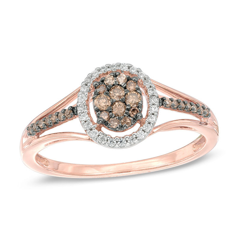 1/4 CT. T.W. Champagne and White Composite Diamond Oval Frame Split Shank Ring in 10K Rose Gold