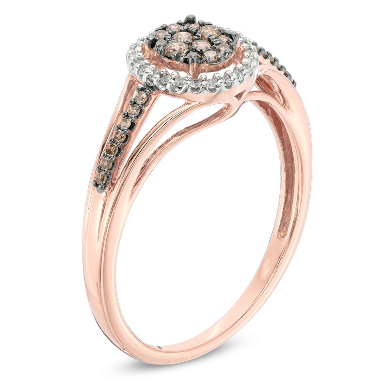 1/4 CT. T.W. Champagne and White Composite Diamond Oval Frame Split Shank Ring in 10K Rose Gold