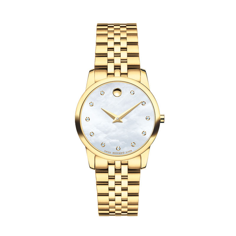 Main Image 1 of Ladies' Movado Museum® Classic Diamond Accent Gold-Tone PVD Watch with Mother-of-Pearl Dial (Model: 0606998)