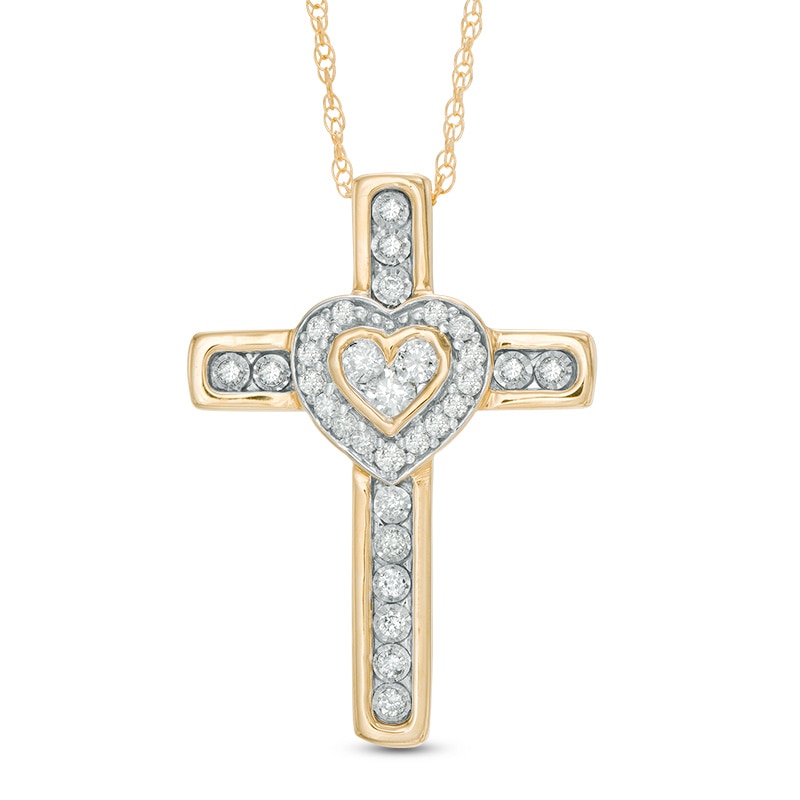 Main Image 1 of 1/3 CT. T.W. Diamond Heart Cross Pendant in 10K Gold