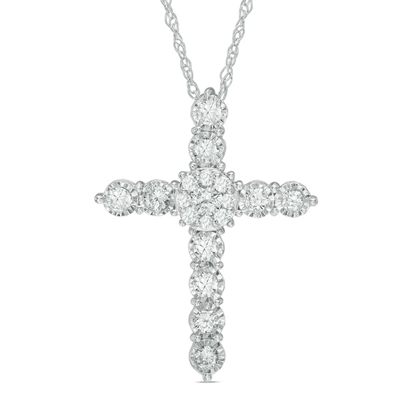 1/2 CT. T.W. Multi-Diamond Cross Pendant in 10K White Gold