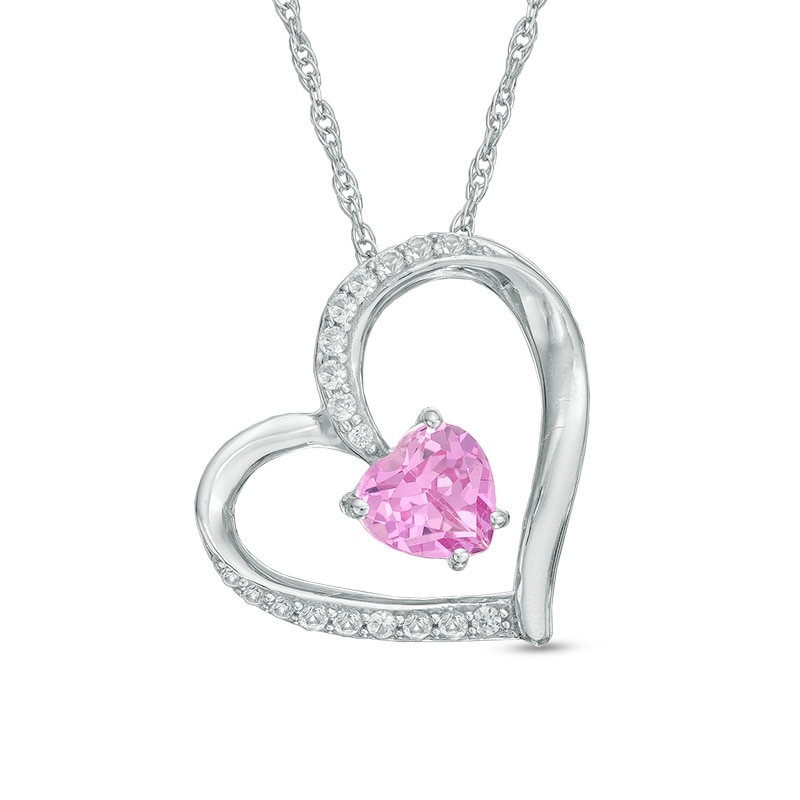 Main Image 1 of 6.0mm Heart-Shaped Lab-Created Pink and White Sapphire Tilted Heart Pendant in Sterling Silver
