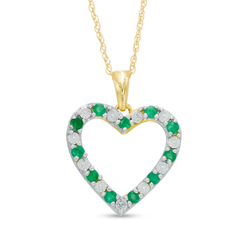Main Image 1 of Emerald and Diamond Accent Beaded Heart Pendant in 10K Gold