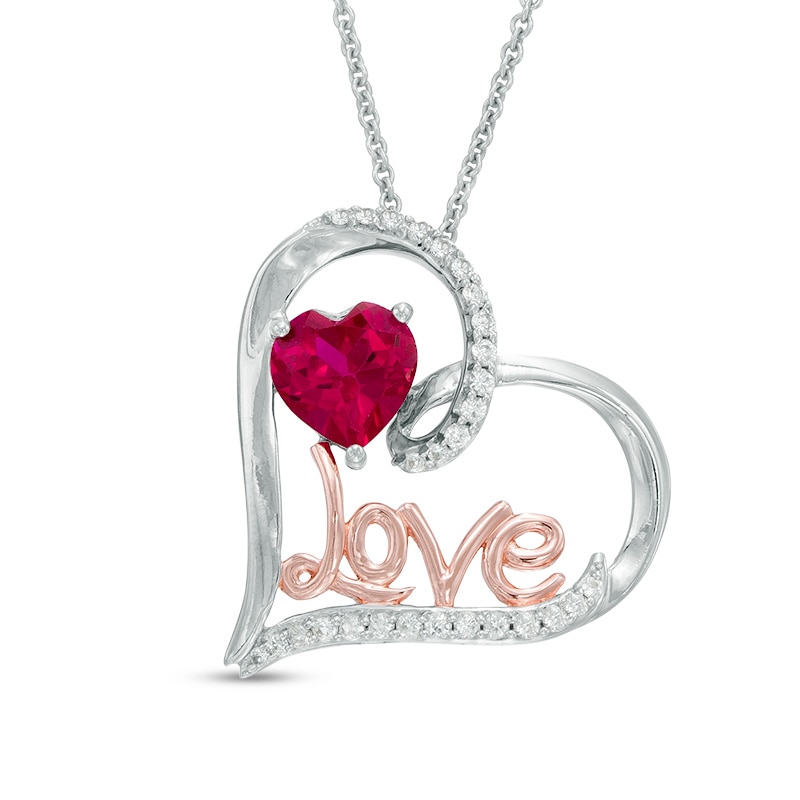Main Image 1 of Heart-Shaped Lab-Created Ruby and White Sapphire "Love" Tilted Heart Pendant in Sterling Silver and 14K Rose Gold Plate