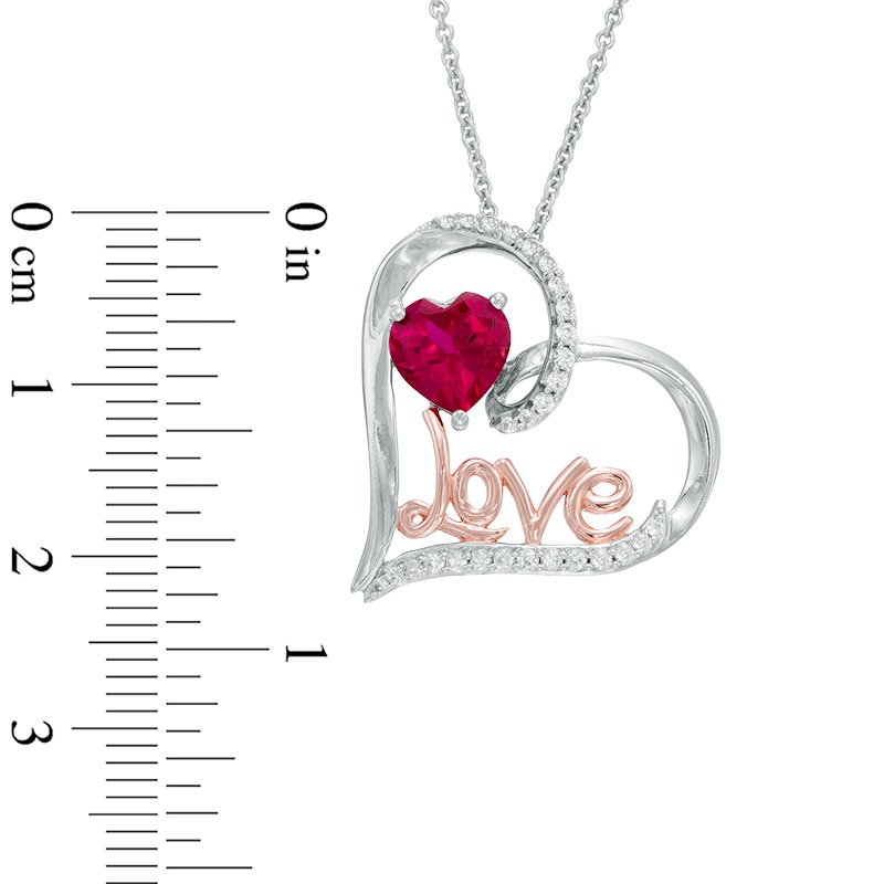 Main Image 2 of Heart-Shaped Lab-Created Ruby and White Sapphire "Love" Tilted Heart Pendant in Sterling Silver and 14K Rose Gold Plate