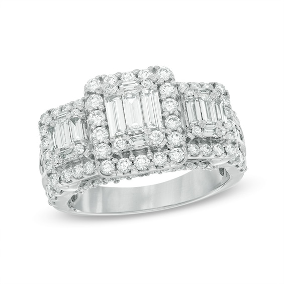 2 CT. T.w. Baguette Composite Diamond Three Stone Engagement Ring in 14K White Gold
