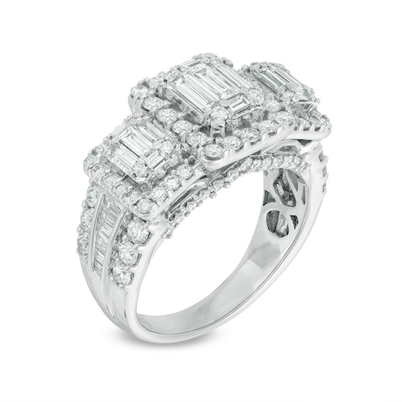 2 CT. T.w. Baguette Composite Diamond Three Stone Engagement Ring in 14K White Gold
