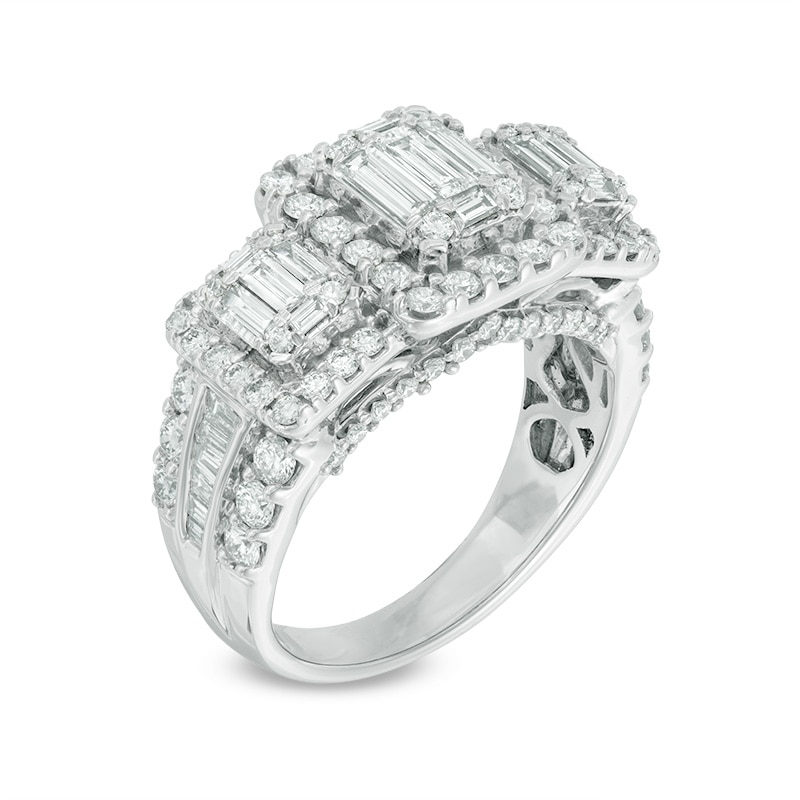 2 CT. T.W. Baguette Composite Diamond Three Stone Engagement Ring in 14K White Gold