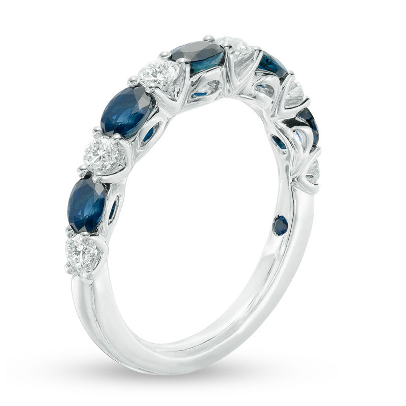 Vera Wang Love Collection Oval Blue Sapphire and 3/8 CT. T.W. Diamond Alternating Band in 14K White Gold