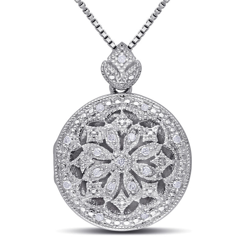 Diamond Accent Vintage Style Frame Flower Locket In Sterling Silver Diamond Accent Vintage Style Frame Flower Locket In Sterling Silver