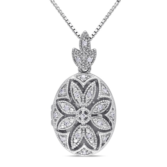 1/10 CT. T.w. Diamond Flower Vintage-Style Oval Medallion Locket in Sterling Silver