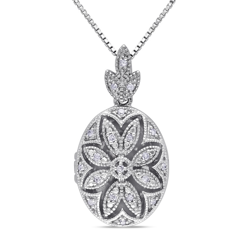 Main Image 1 of 1/10 CT. T.W. Diamond Flower Vintage-Style Oval Medallion Locket in Sterling Silver