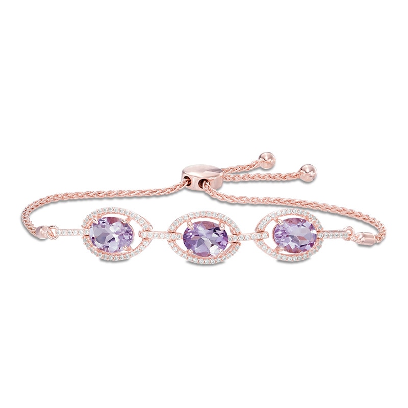 Oval Amethyst and Lab-Created White Sapphire Frame Bolo Bracelet in Sterling Silver with 14K Rose Gold Plate - 8.0"