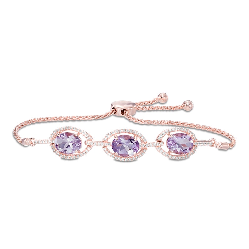 Main Image 1 of Oval Amethyst and Lab-Created White Sapphire Frame Bolo Bracelet in Sterling Silver with 14K Rose Gold Plate - 8.0"