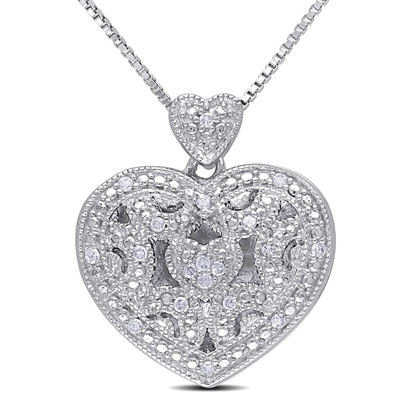 1/15 CT. T.W. Diamond Vintage-Style Beaded Double Heart Locket in Sterling Silver