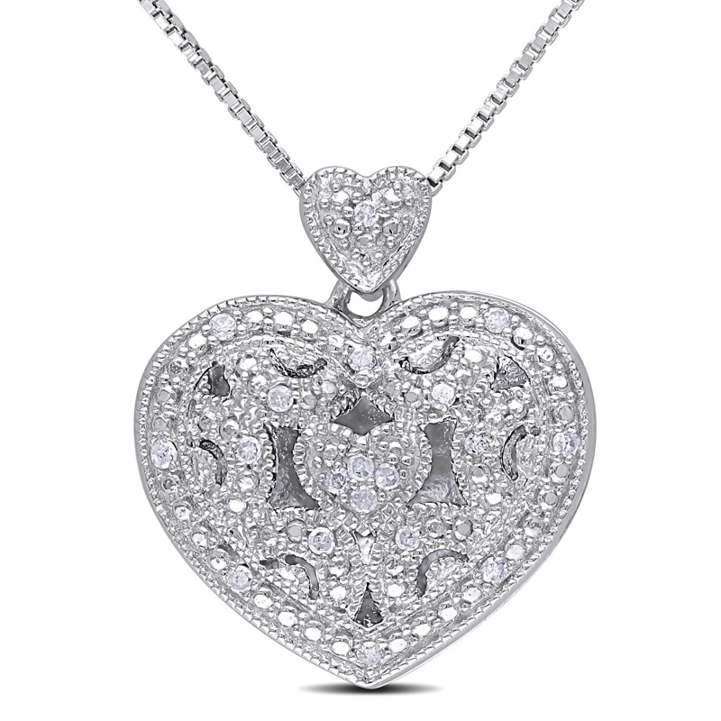 Main Image 1 of 1/15 CT. T.W. Diamond Vintage-Style Beaded Double Heart Locket in Sterling Silver