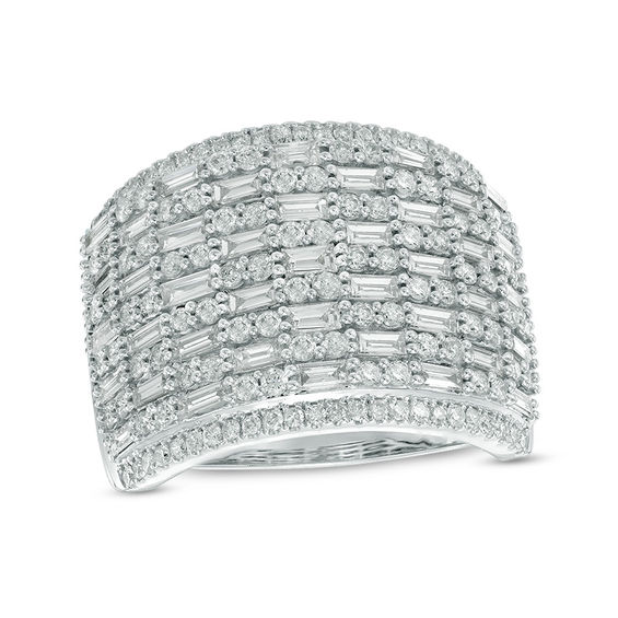 2 CT. T.w. Baguette and Round Diamond Multi-Row Ring in 14K White Gold