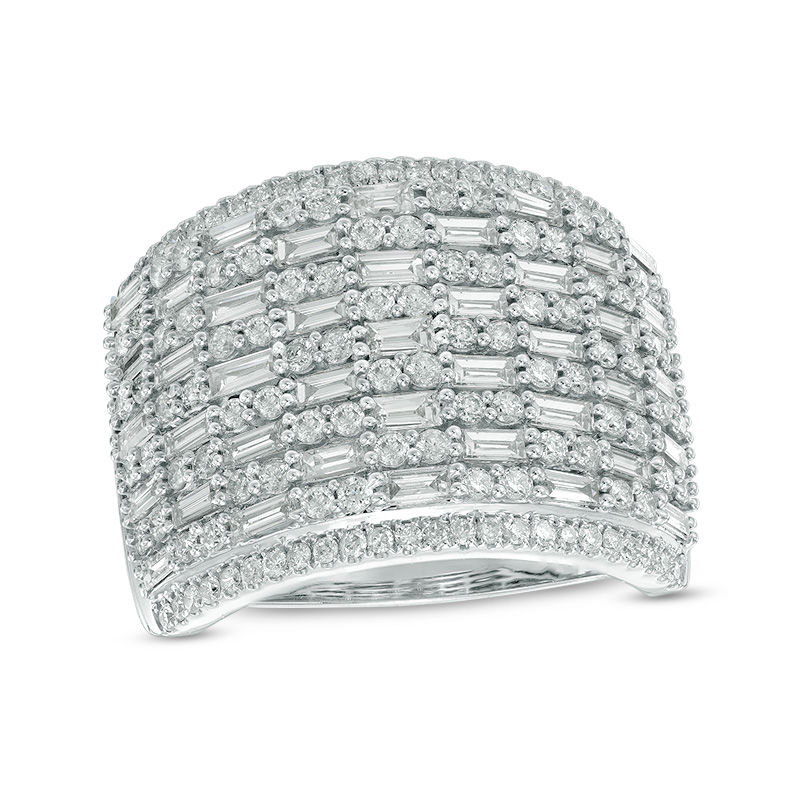 2 CT. T.W. Baguette and Round Diamond Multi-Row Ring in 14K White Gold