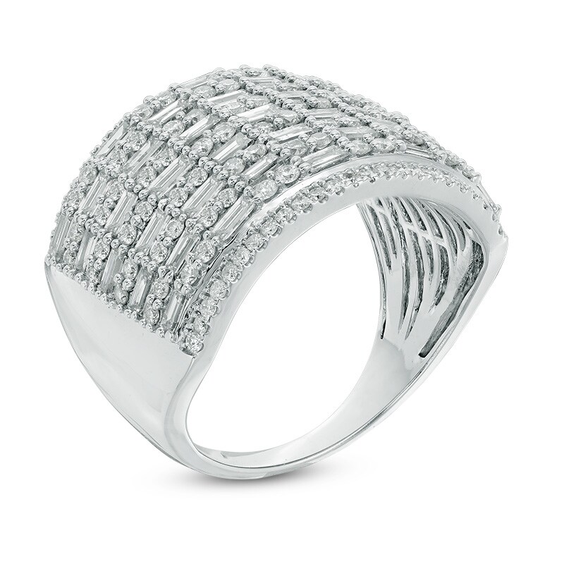 2 CT. T.W. Baguette and Round Diamond Multi-Row Ring in 14K White Gold